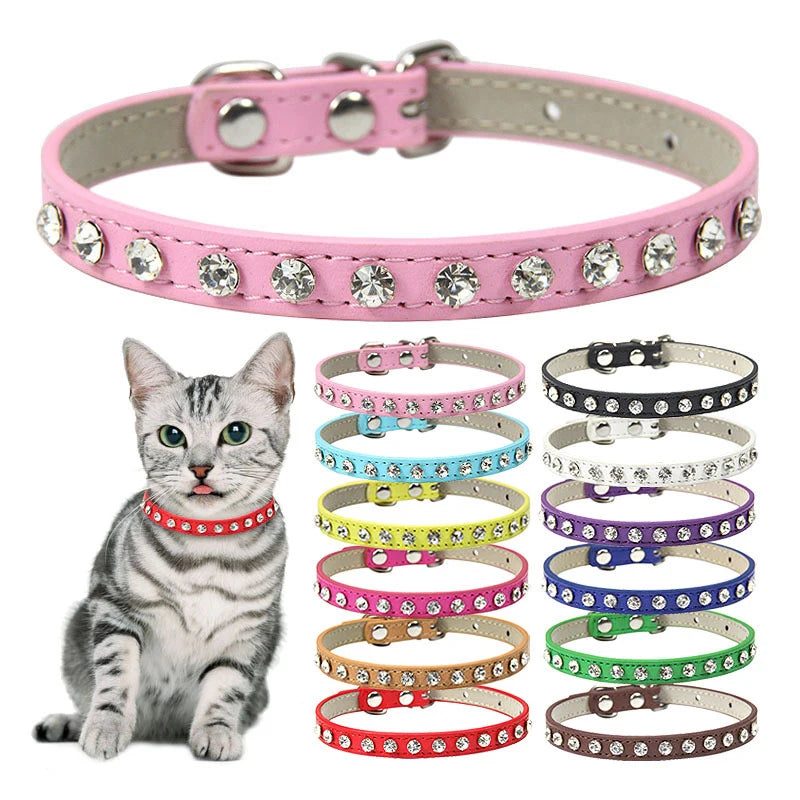 Collier Ajustable pour chats - Collier en Cuir Coloré avec Strass et Anneau de Sécurité