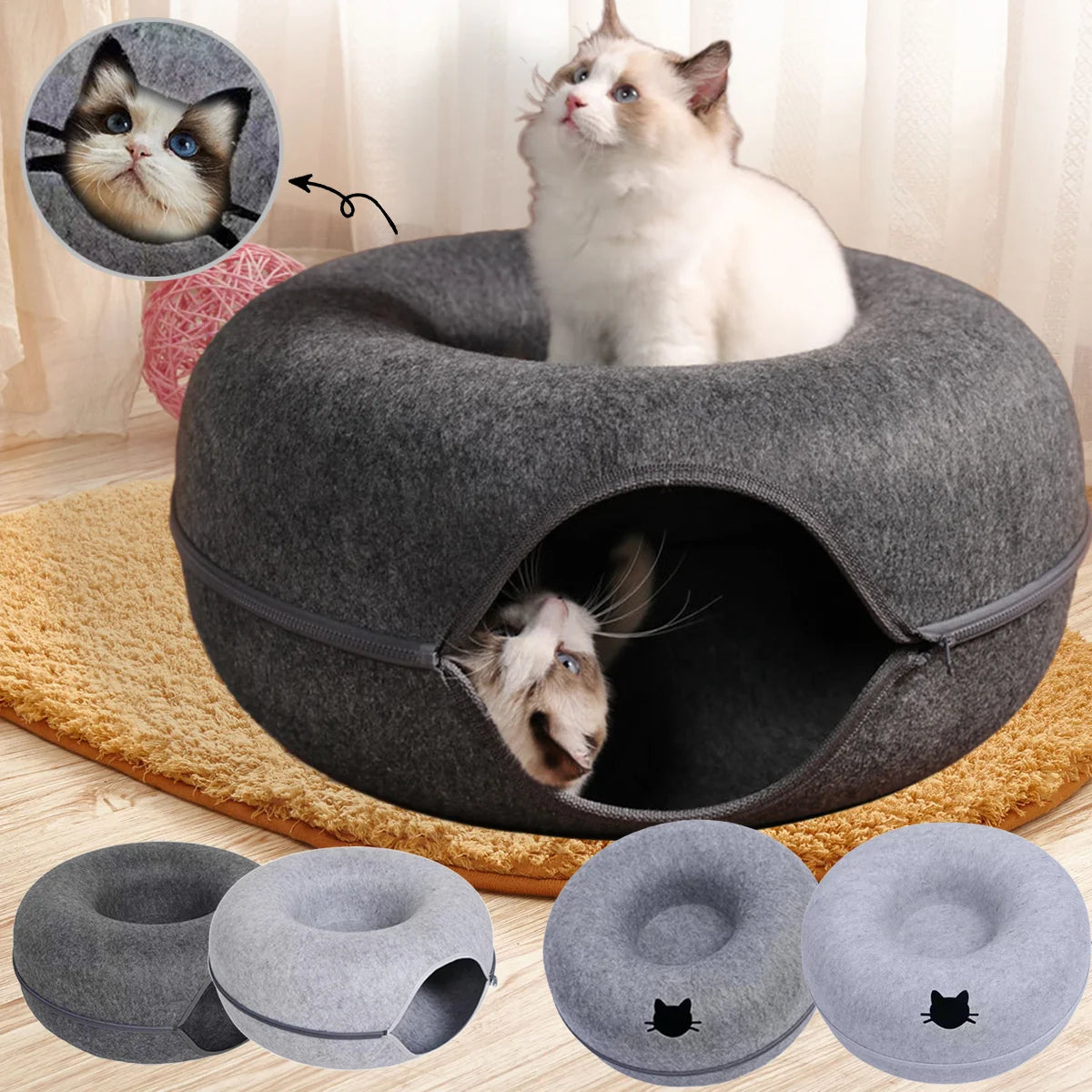 Panier Donut pour Chats - Lit Interactif pour 2 Chats avec Tunnel de jeu